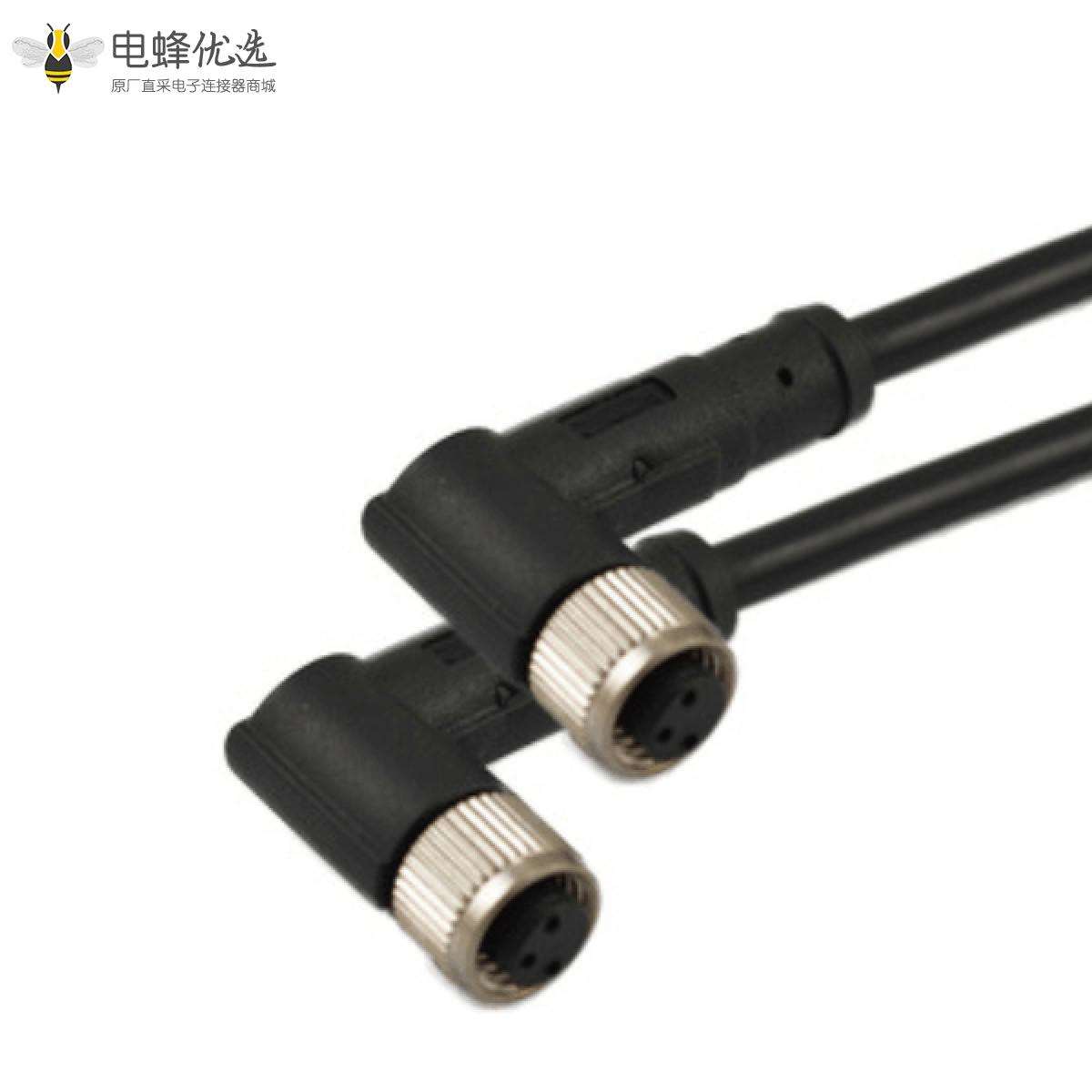 M8弯角母头成型式A型90度3芯母插头转母插头接1米PVC 24AWG线