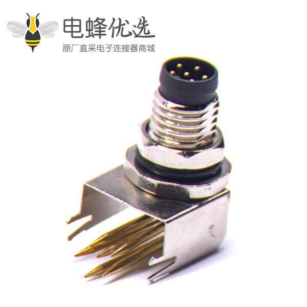 M8弯角PCB板端前锁连接器A型6芯防水公座传感器
