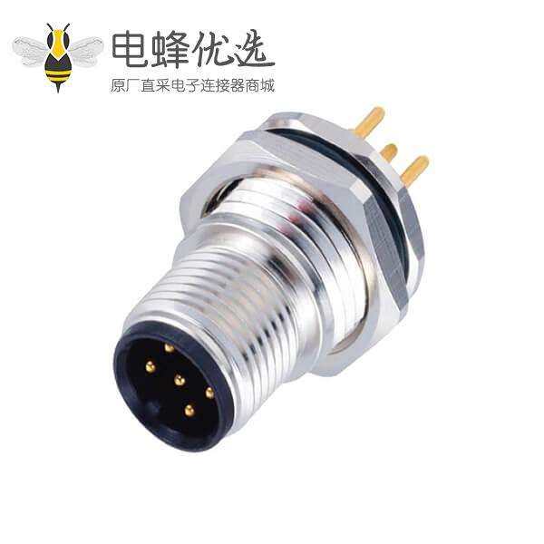 M12防水连接器5 pin A-型板端公座子PCB插板式前锁传感连接器