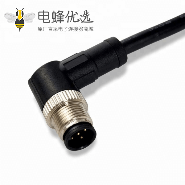 M8注塑弯头传感器A型成型式M8 4芯公头工业连接器接1米24AWG线