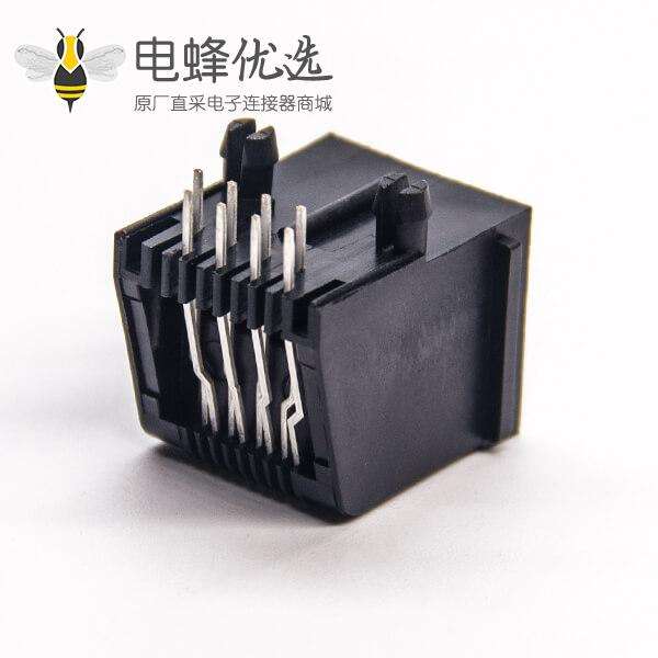 RJ45连接器母座黑色全塑8p8pc非屏蔽座子弯插板