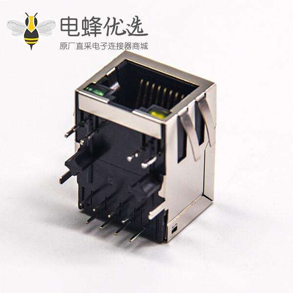工业RJ45连接器8p8c弯式带led灯带弹片屏蔽式插座