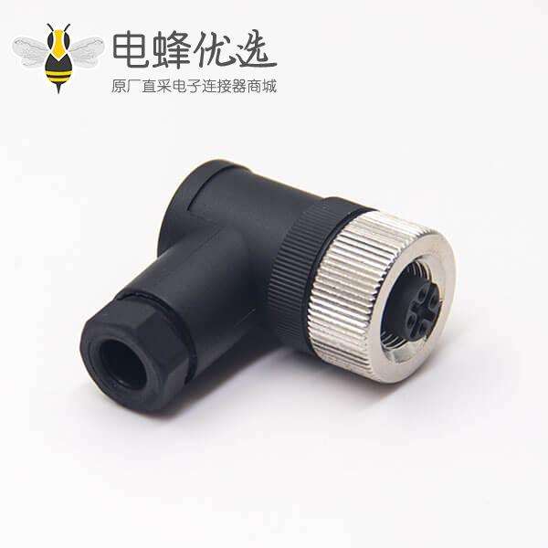m12组装式90&deg;母弯头4针接线母头防水插头工业连接器