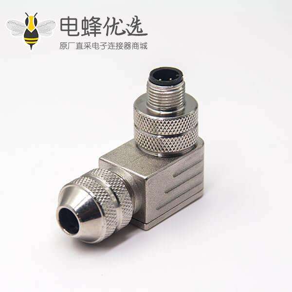 m12组装式连接器弯式4芯航空插头金属外壳带屏蔽