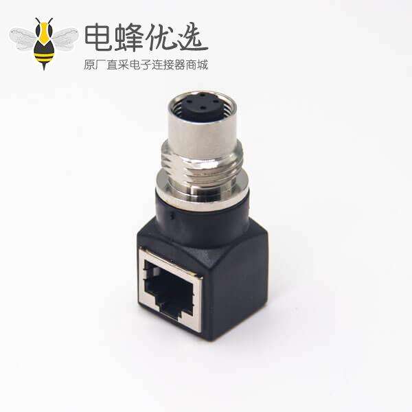 m12插座转rj45连接器m12A型母头转RJ45插座弯式
