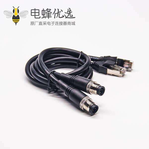 RJ45转4针M12插头公头双边接线连接器