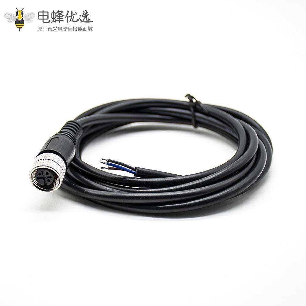 4芯M12接头A型母头直式防水不带屏蔽带线2M