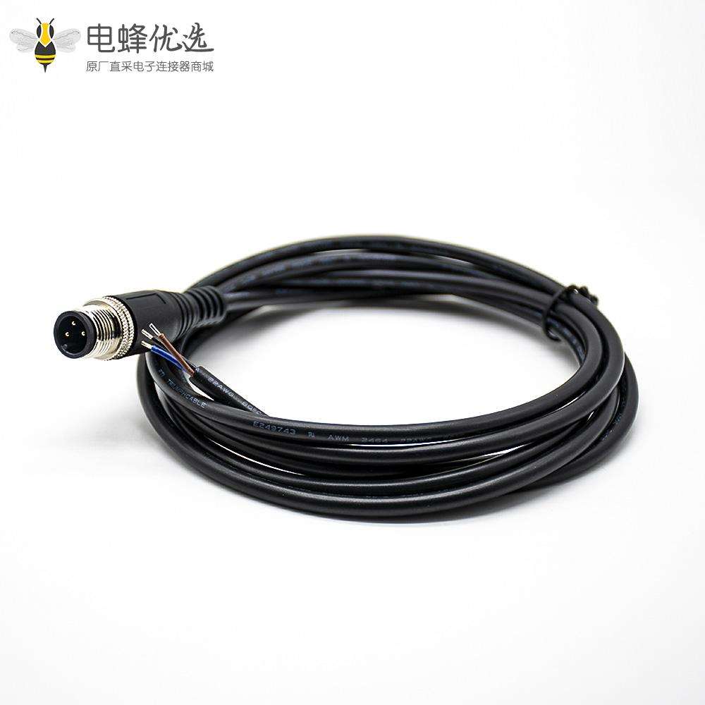 M12传感器3芯防水连接器直公头A扣不带屏蔽直式单边电缆2M