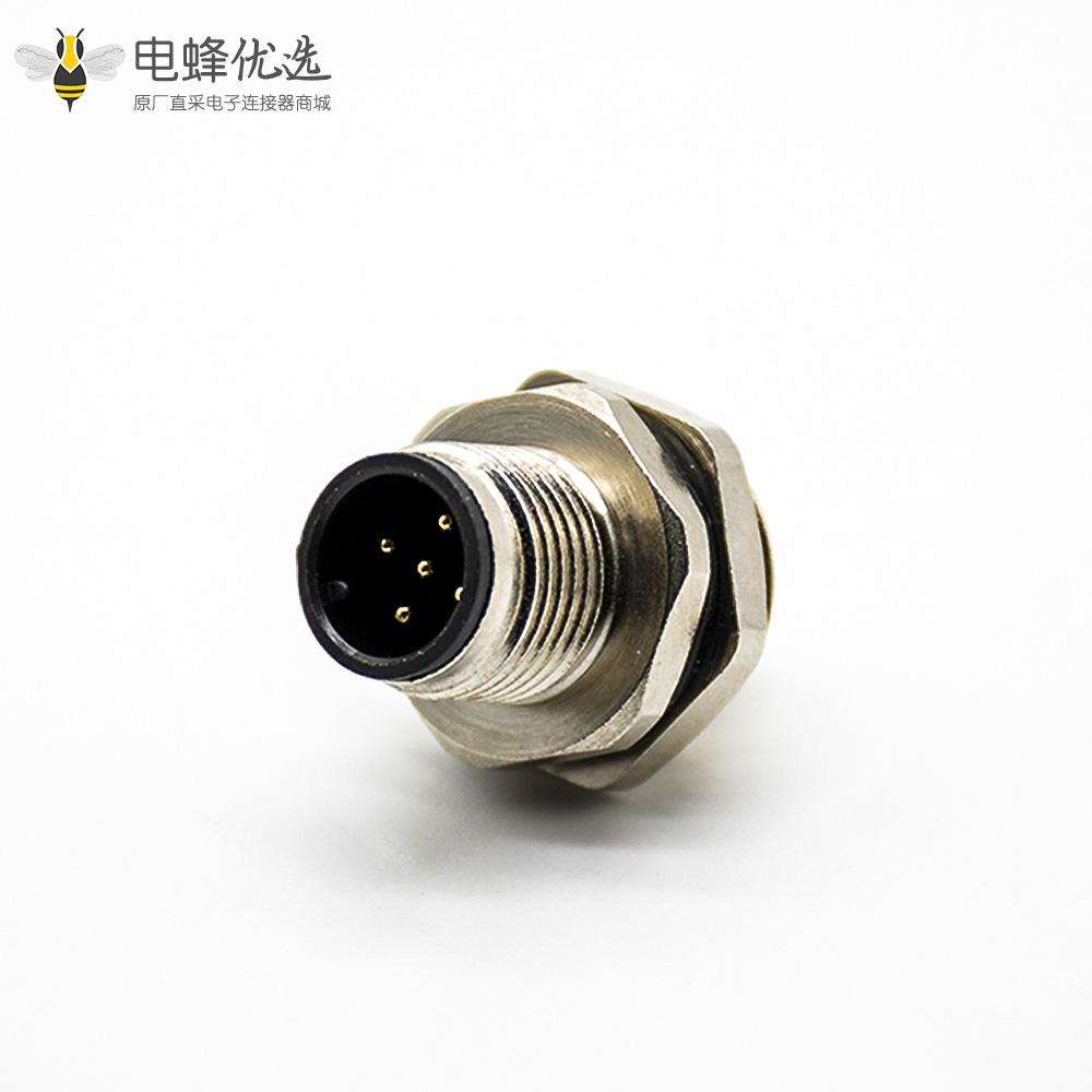 传感器公头插座A扣180&deg;PCB板安装后锁板5芯M12防水连接器