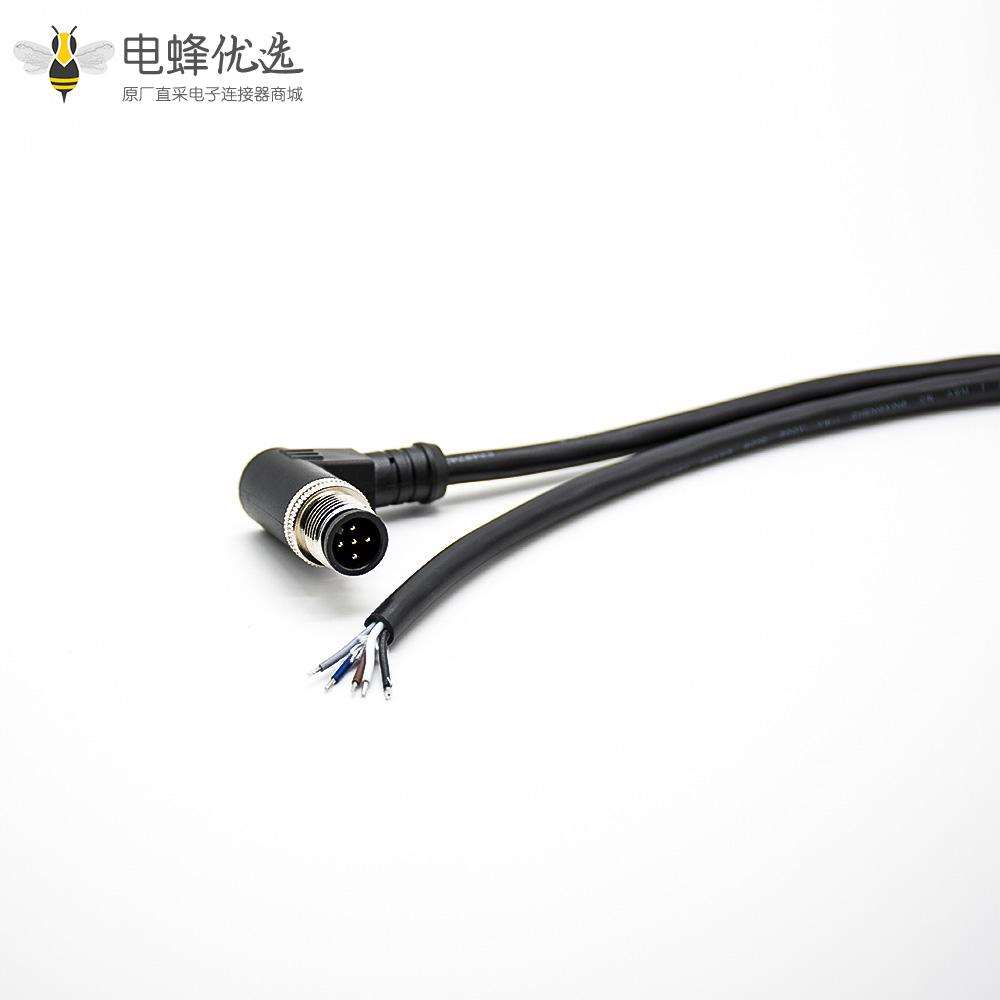 M12连接器5芯A编码公头90&deg;弯头注塑成型式单边线2M不带屏蔽