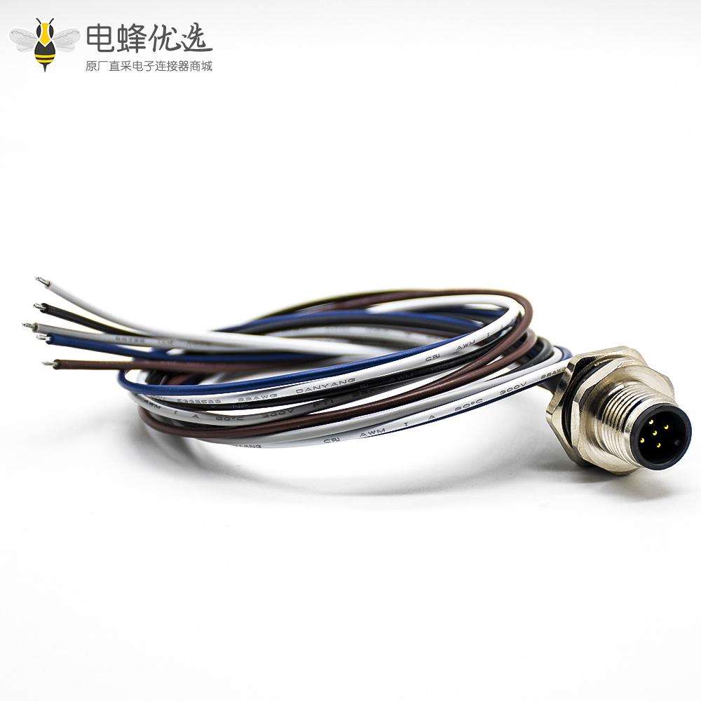 M12连接器5针公插座A扣防水后锁板直式板端焊线0.2M
