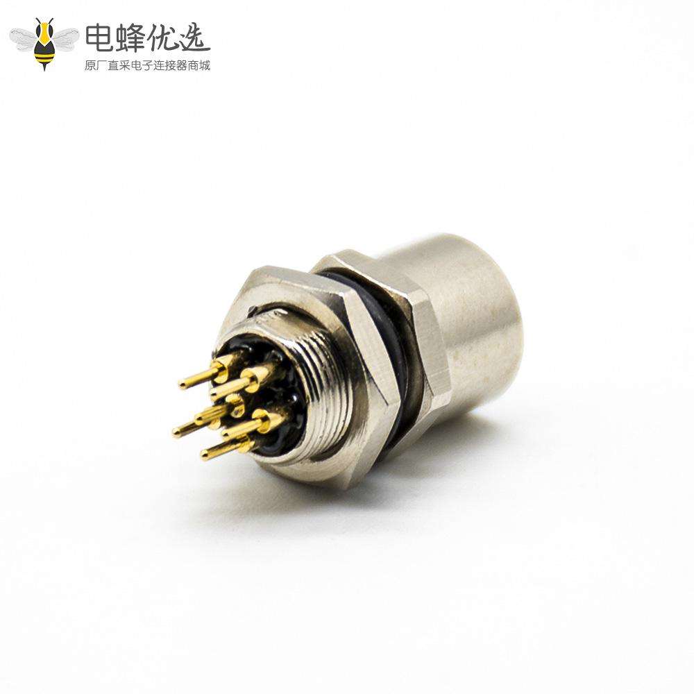 M8传感器插头防水A扣6芯直式后锁板母头插孔接PCB板安装