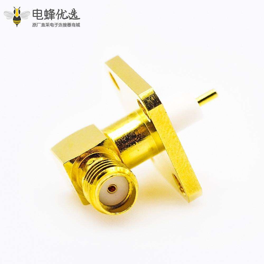 SMA连接器面板安装母头弯式焊板用于PCB安装4孔法兰