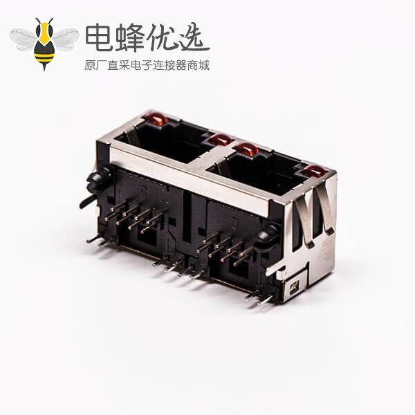 双网口带led灯rj45母座弯式铜壳带屏蔽接PCB