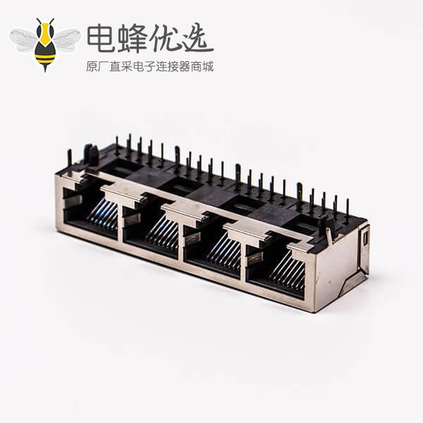 4口rj45插座母头带屏蔽铜壳90&deg;无灯接PCB板