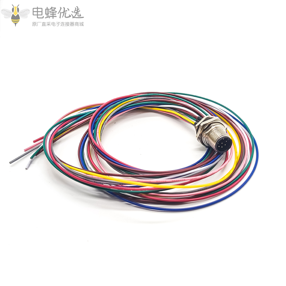 工业防水插头M12 8芯前锁板焊线座子带线1M