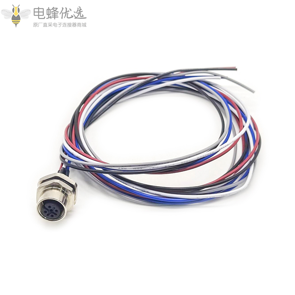 M12连接器 5pin 母头后锁带线型板端插座带线1M