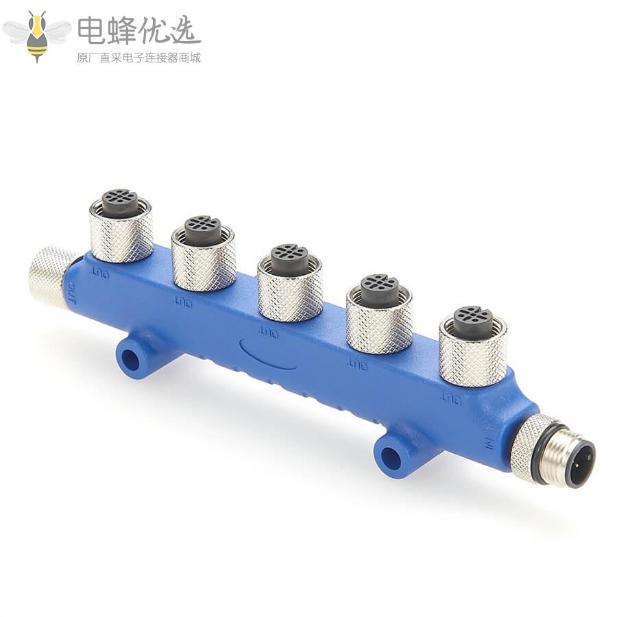 船用级产品NMEA_2000五通多端口T形低损耗连接器6个M12母头5芯转5芯公头