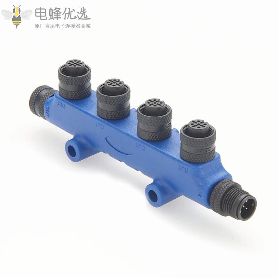 船用级产品NMEA_2000四通多端口T形连接器5个M12母头5芯转5芯公头