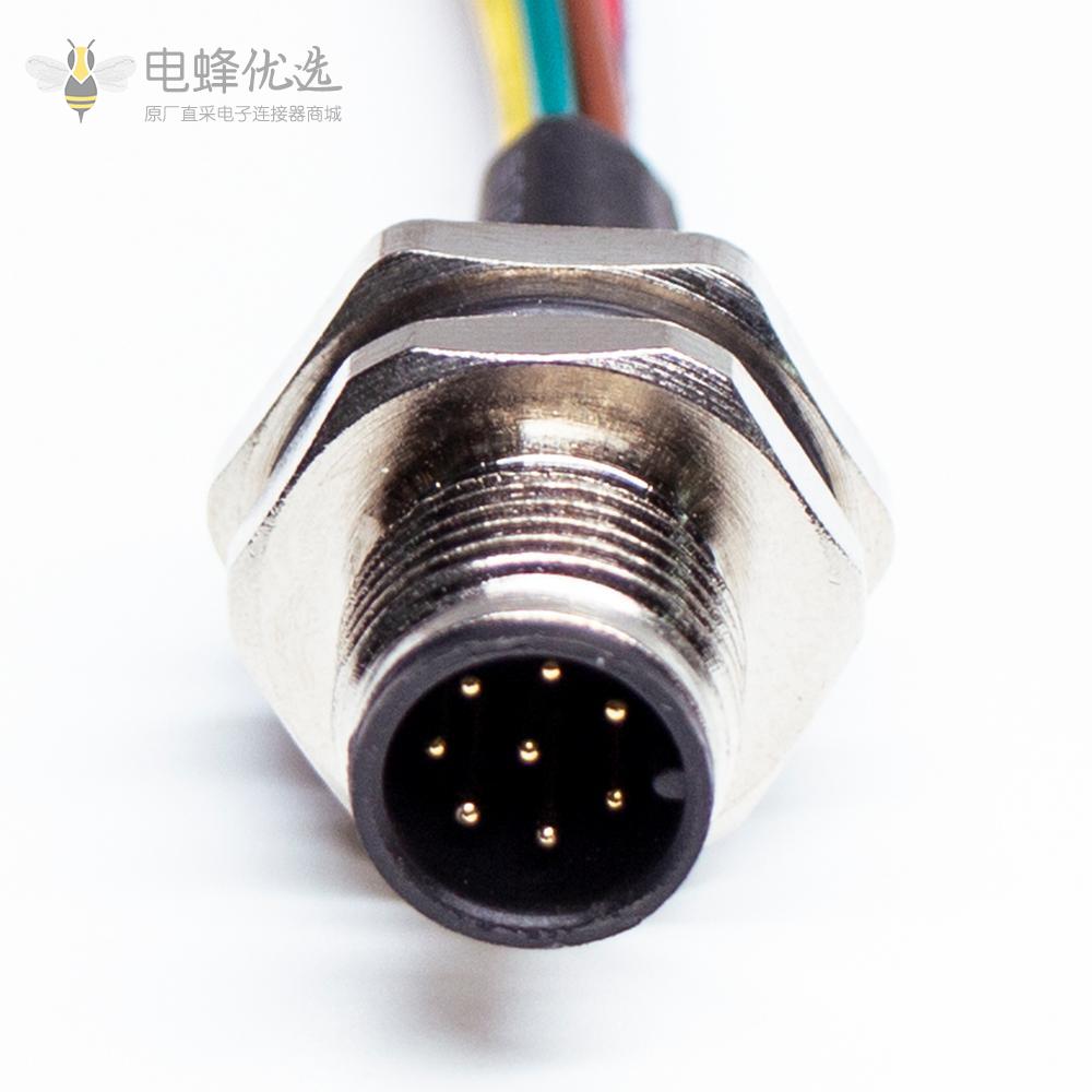 M12防水连接器8pin A型防呆位板端公座后锁焊接带线30CM传感接头