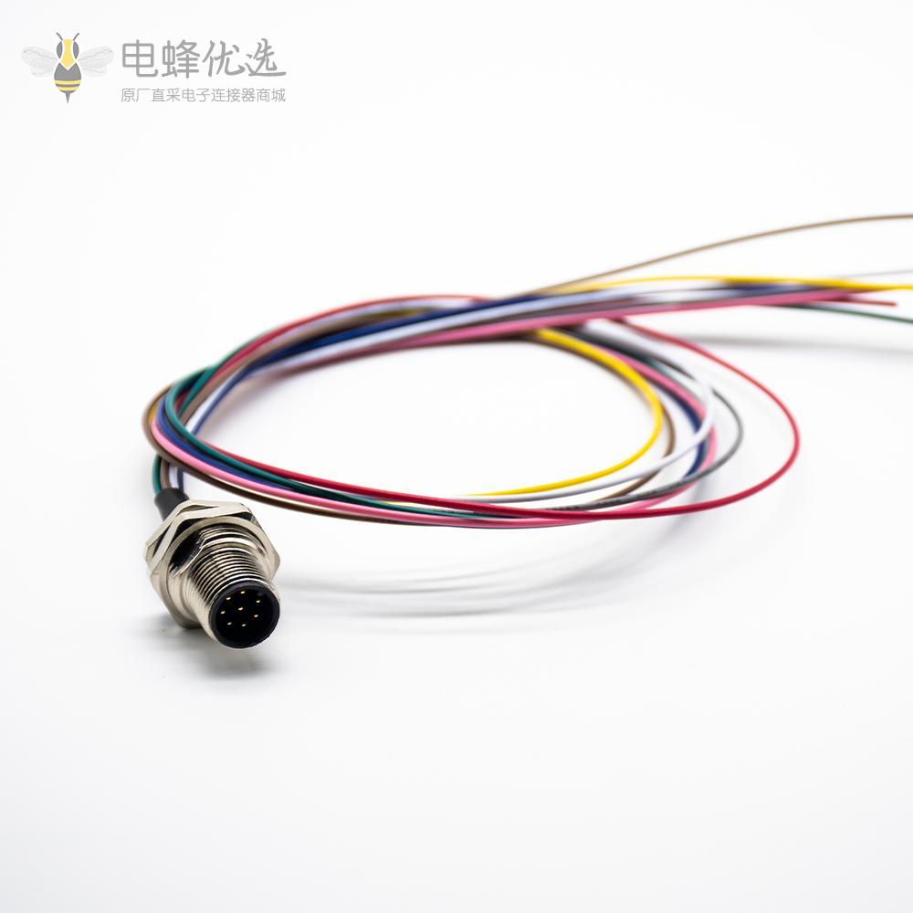 工业防水插头M12 8芯前锁板焊线座子带线1M